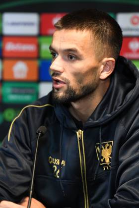 STVV s Visar Musliu pictured during a press conference, PK, Pressekonferenz of Belgian soccer team Sint-Truidense VV, Wednesday 21 October 2026 in Herning, Denmark, in preparation of tomorrow s game against Danish FC Midtjylland on the second day of the UEFA Conference League league phase. JILLxDELSAUX  x190514628x