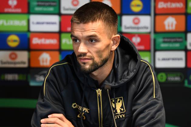 STVV s Visar Musliu pictured during a press conference, PK, Pressekonferenz of Belgian soccer team Sint-Truidense VV, Wednesday 21 October 2026 in Herning, Denmark, in preparation of tomorrow s game against Danish FC Midtjylland on the second day of the UEFA Conference League league phase. JILLxDELSAUX  x190514590x