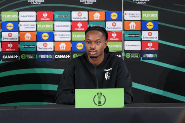 Jordy Makengo, SC Freiburg, 33, at the press conference, Monaco, soccer, UEFA Conference League, Matchday 2, group stage, 2026–2027, AS Monaco vs. SC Freiburg, October 21, 2026, Stade Louis II, Monaco, Monaco, Stade Louis II, Fontvieille, Monaco Copyright: xArnexAmbergx