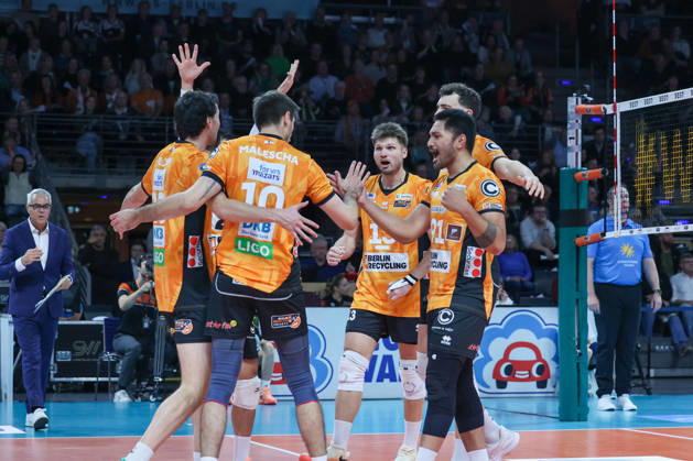 October 21, 2026, BR Volleys vs. FT 1844 Freiburg, Volleyball Bundesliga (BBL) Matchday 1, Max Schmeling Halle: Joy and celebration after scoring a point for the BR Volleys Berlin, Berlin, Germany