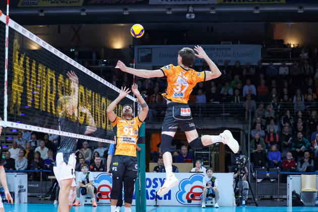 October 21, 2026, BR Volleys vs. FT 1844 Freiburg, Volleyball Bundesliga (BBL) Matchday 1, Max Schmeling Halle; Nicolas Zerba of BR Volleys, 37, goes for a spike against Berlin, Berlin, Germany