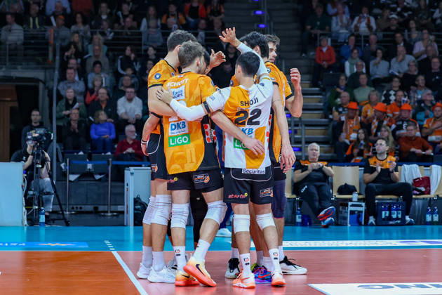 October 21, 2026, BR Volleys vs. FT 1844 Freiburg, Volleyball Bundesliga (BBL) Matchday 1, Max Schmeling Halle—Joy and celebration after scoring a point for the BR Volleys Berlin, Berlin, Germany