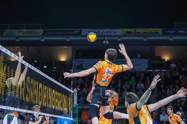 October 21, 2026, BR Volleys vs. FT 1844 Freiburg, Volleyball Bundesliga (BBL) Matchday 1, Max Schmeling Halle, Nicolas Zerba of BR Volleys, No. 37, spikes the ball, Berlin, Germany