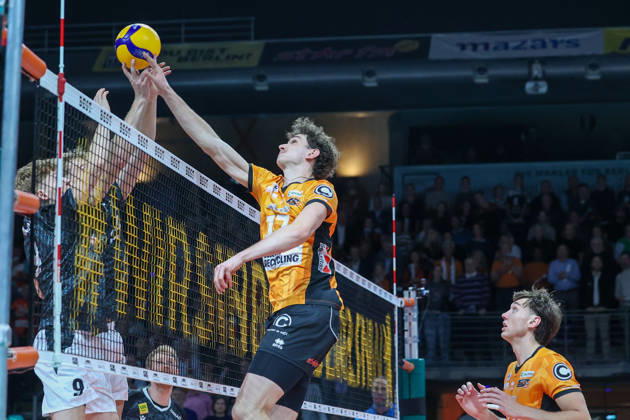October 21, 2026, BR Volleys vs. FT 1844 Freiburg, Volleyball Bundesliga (BBL) Matchday 1, Max Schmeling Hall: Louis Kunstmann, BR Volleys 05, spikes the ball over the net, Berlin, Berlin, Germany