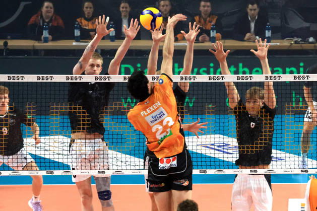 October 21, 2026, Germany, GER, DEU, Volleyball 1st Bundesliga, Day 1, 2026–2027 Season, Berlin, BR Volleys vs. FT Freiburg Nolan Flexen BR Volleys 23, Bredan Mills FT 1844 Freiburg 5, Charles Figy FT 1844 Freiburg 14, Anton Jung FT 1844 Freiburg 8 nordphoto GmbH Engler Berlin Max Schmeling Hall Berlin Germany Copyright: xNordphotox xEnglerx