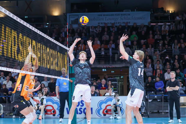 October 21, 2026, BR Volleys vs. FT 1844 Freiburg, Volleyball Bundesliga (BBL) Matchday 1, Max Schmeling Halle; Fabian Hosch (FT 1844 Freiburg, 09) and Charles Figy (FT 1844 Freiburg, 14) play together in Berlin, Germany