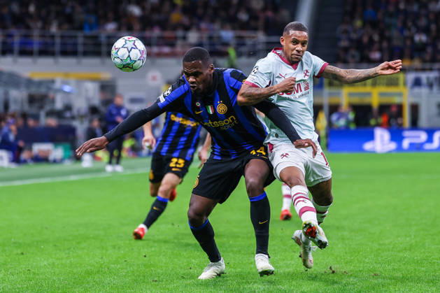 Ange-Yoan Bonny of FC Internazionale competes for the ball with Pedro Henrique of FC Shakhtar Donetsk during UEFA Champions League 2026 27 League Phase - Matchday 3 football match between FC Internazionale and FC Shakhtar Donetsk. Italy Copyright: xBEAUTIFULxSPORTS Carabellix