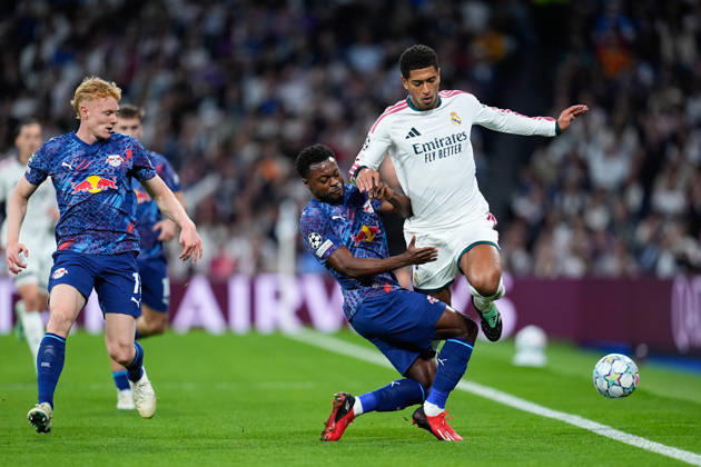 October 21, 2026, Madrid, Madrid, Spain: Ridle Baku of RB Leipzig and Jude Bellingham of Real Madrid CF compete for the ball during the UEFA Champions League 2026 27 League Phase MD3 match between Real Madrid CF and RB Leipzig at Bernabeu stadium on October 21, 2026, in Madrid, Spain. Madrid Spain - ZUMAa181 20261021_zaa_a181_069 Copyright: xDennisxAgyemanx