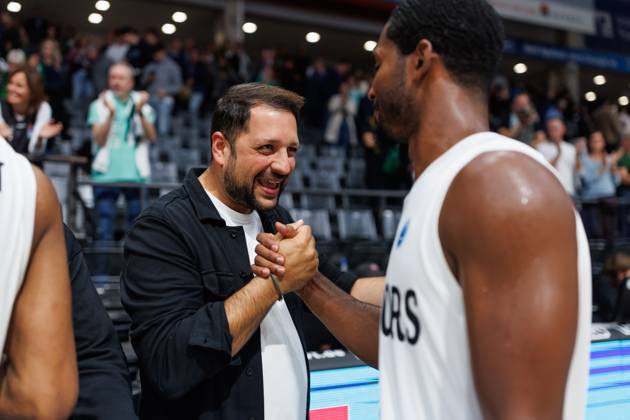 Florian Hosseini Goerge celebrates with Terrell Harris of the Gladiators Trier; cheering, joy, excitement. Vet Concept Gladiators Trier vs. KK Split, basketball, FIBA Europe Cup, Matchday 3, 2026–2027 season, October 21, 2026, Vet Concept Gladiators Trier vs. KK Split, basketball, FIBA Europe Cup, Matchday 3, 2026–2027 season, October 21, 2026 Copyright: xEibnerxPressefotox EP_ANS