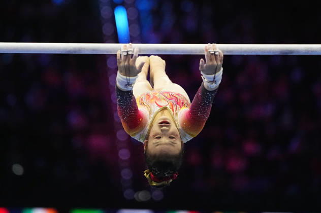 Qiu Qiyuan of China on the uneven bars during the artistic gymnastics competition on Day 5 of the World Championships at Ahoy in Rotterdam, Netherlands, on October 21, 2026. DeFodi Images