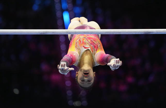 Qiu Qiyuan of China on the uneven bars during the artistic gymnastics competition on Day 5 of the World Championships at Ahoy in Rotterdam, Netherlands, on October 21, 2026. DeFodi Images