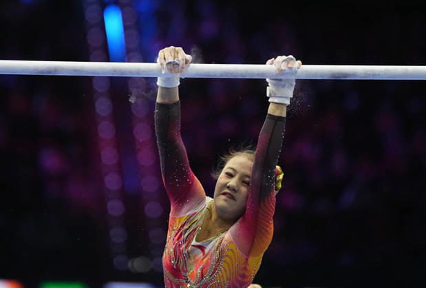 Qiu Qiyuan of China on the uneven bars during the artistic gymnastics competition on Day 5 of the World Championships at Ahoy in Rotterdam, Netherlands, on October 21, 2026. DeFodi Images