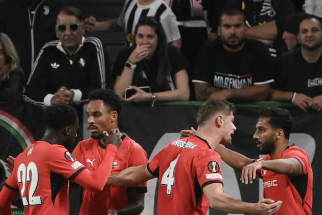 Juventus v Rennes - UEFA Europa League TURIN, ITALY, OCTOBER 22: Mousa Al-Tamari (R) of Rennes celebrates after scoring a goal during the UEFA Europa League week 3 football match between Juventus and Rennes at the Juventus Stadium in Turin Italy, on October 22, 2026. Isabella Bonotto Anadolu Turin Italy. Editorial use only. Please get in touch for any other usage. Copyright: x2026xAnadoluxIsabellaxBonottox