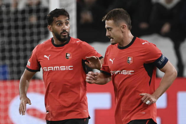 Juventus v Rennes - UEFA Europa League TURIN, ITALY, OCTOBER 22: Mousa Al-Tamari (L) of Rennes celebrates after scoring a goal during the UEFA Europa League week 3 football match between Juventus and Rennes at the Juventus Stadium in Turin Italy, on October 22, 2026. Isabella Bonotto Anadolu Turin Italy. Editorial use only. Please get in touch for any other usage. Copyright: x2026xAnadoluxIsabellaxBonottox
