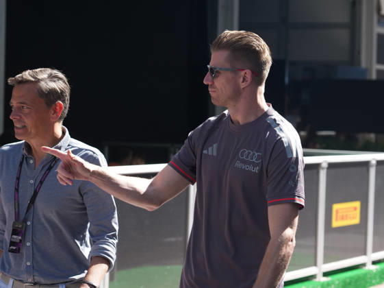 October 22, 2026, Circuit of The Americas, Austin, 2026 FORMULA 1 MSC CRUISES UNITED STATES GRAND PRIX, pictured: Nico Hülkenberg (GER), Audi Revolut F1 Team with Sky commentator Sascha Roos. Photo by Hasan Bratic, DeFodi Images