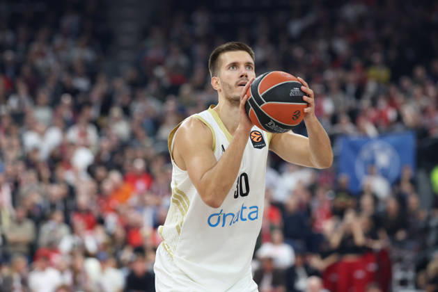 Filip Petrusev, Dubai Basketball, No. 30 with the ball on a free throw, GER, FC Bayern Basketball vs. Dubai Basketball, Basketball, EuroLeague, Matchday 7, 2026–2027 Season, October 22, 2026, GER, FC Bayern Basketball vs. Dubai Basketball, Basketball, EuroLeague, Matchday 7, 2026–2027 Season, October 22, 2026, Munich Copyright: xEibner-Pressefoto JennixMaulx EP_JML