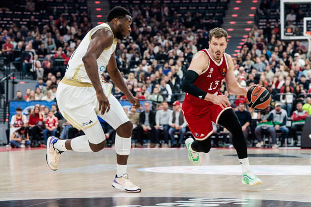 MUNICH, GERMANY - OCTOBER 22: Andreas Andi Obst (FC Bayern Muenchen, 13) controls the ball against Mfiondu Kabengele (Dubai Basketball, 17) during the Turkish Airlines EuroLeague match between FC Bayern Muenchen vs. Dubai Basketball at SAP Garden on round 7 of Turkish Airlines EuroLeague on October 22, 2026 in Munich, Germany. Bavaria Germany Copyright: xSteffiexWunderlx