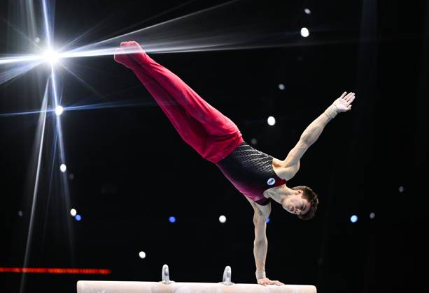 Netherlands Artistic Gymnastics World Championships 9270795 22.10.2026 Arsenii Dukhno of Team World Gymnastics Neutral Athletes 2 competes on the pommel horse during the men s team final at the 2026 World Artistic Gymnastics Championships in Rotterdam, the Netherlands. Alexey Filippov Sputnik Rotterdam Netherlands  Copyright: xAlexeyxFilippovx