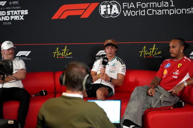 October 22, 2026, Circuit of The Americas, Austin, 2026 FORMULA 1 MSC CRUISES UNITED STATES GRAND PRIX; pictured: Valtteri Bottas (FIN), Cadillac Formula 1 Team, Andrea Kimi Antonelli (ITA), Mercedes AMG Petronas Formula One Team, Lewis Hamilton (GBR), Scuderia Ferrari HP Photo by Hasan Bratic, DeFodi Images
