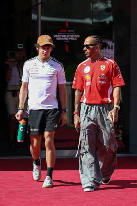 AUSTIN, TX - OCTOBER 22: Andrea Kimi Antonelli (12) of Italy and Mercedes-AMG PETRONAS Formula One Team and Lewis Hamilton (44) of Great Britain and Scuderia Ferrari HP in the paddock on arrival day of the Formula 1 MSC Cruises United States Grand Prix on October 22, 2026, at Circuit of The Americas in Austin, Texas.(Photo by David Buono Icon Sportswire) AUTO: OCT 22 F1 United States Grand Prix EDITORIAL USE ONLY Icon2610220231