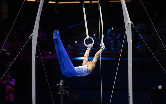 Rotterdam The Netherlands 23rd October 2026 World Championships artistic gymnastics. Men™s all round final Rings Yumin Abbini (ITA) turnen
