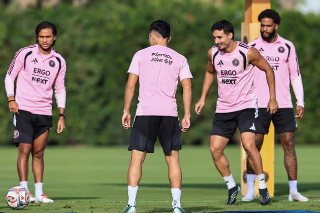 FORT LAUDERDALE, FL - OCTOBER 23: From (L-R), Inter Miami CF midfielder Telasco Segovia (8), defender Gonzalo Lujan (2) and defender Micael Dos Santos (16) are seen during an Inter Miami Training Session at Florida Blue Training Center on October 23, 2026 in Fort Lauderdale, Florida. (Photo by Chris Arjoon Icon Sportswire) SOCCER: OCT 23 Inter Miami CF Training EDITORIAL USE ONLY Icon2610230000009