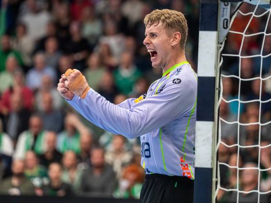 Kristian Saeveras of Frisch Auf Goeppingen, No. 12, celebrates after a save; Frisch Auf Goeppingen vs. ThSV Eisenach, Handball, 1st Bundesliga, Men s, 2026–2027 season, October 23, 2026, Frisch Auf Goeppingen vs. ThSV Eisenach, Handball, 1st Bundesliga, Men, 2026–2027 season, October 23, 2026, Goeppingen Copyright: xEibner-Pressefoto MichaelxSchmidx EP_MST