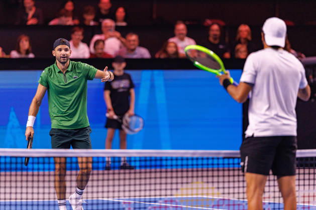 VIENNA, AUSTRIA - 23 OCTOBER 2026: Image shows the discussion between Grigor Dimitrov (BUL) and Matteo Berrettini (ITA) during Red Bull BassLine at Wiener Stadthalle on 23 10 2026 in Vienna, Austria. Austria Copyright: xFröhlichxPascalx