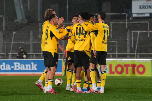 Friday, October 23, 2026 2026–2027 Season, Matchday 14, Regionalliga West at Rote Erde Stadium, Dortmund, Germany: BV Borussia Dortmund U23 vs. Bonner SC. Celebrations after Luca Reggiani s 1–0 goal for BVB