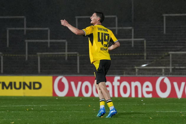 Friday, October 23, 2026 2026–2027 Season, Matchday 14, Regionalliga West at Rote Erde Stadium, Dortmund, Germany: BV Borussia Dortmund U23 vs. Bonner SC. Celebrations after Luca Reggiani s 1–0 goal for BVB