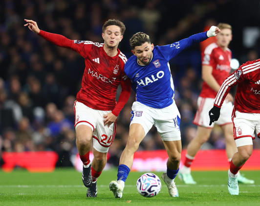 Ipswich, England, 23rd October 2026. James McAtee of Nottingham Forest tackles Julio Enciso of Ipswich Town during the Ipswich Town vs Nottingham Forest Premier League match at Portman Road, Ipswich. Picture credit should read: Paul Terry Sportimage EDITORIAL USE ONLY. No use with unauthorised audio, video, data, fixture lists, club league logos or live services. Online in-match use limited to 120 images, no video emulation. No use in betting, games or single club league player publications. SPI_014_PT_Ipswich_Forest SPI-5093-0015