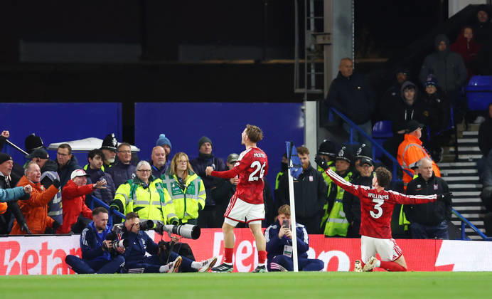 Ipswich, England, 23rd October 2026. Neco Williams of Nottingham Forest (r) celebrates scoring the first goal during the Ipswich Town vs Nottingham Forest Premier League match at Portman Road, Ipswich. Picture credit should read: Paul Terry Sportimage EDITORIAL USE ONLY. No use with unauthorised audio, video, data, fixture lists, club league logos or live services. Online in-match use limited to 120 images, no video emulation. No use in betting, games or single club league player publications. SPI_017_PT_Ipswich_Forest SPI-5093-0018