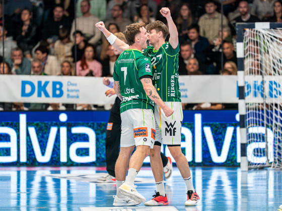 Victor Kloeve of Frisch Auf Goeppingen, 7, and Oskar Sunnefeldt of Frisch Auf Goeppingen, 27, celebrate together; Frisch Auf Goeppingen vs. ThSV Eisenach, handball, 1st Bundesliga, men s division, 2026–2027 season, October 23, 2026, Frisch Auf Goeppingen vs. ThSV Eisenach, Handball, 1st Bundesliga, Men, 2026–2027 season, October 23, 2026, Goeppingen Copyright: xEibner-Pressefoto MichaelxSchmidx EP_MST