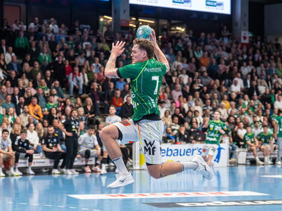 Victor Kloeve, Frisch Auf Goeppingen, No. 7 on a fast break, Frisch Auf Goeppingen vs. ThSV Eisenach, Handball, 1st Bundesliga, Men, 2026–2027 Season, October 23, 2026, Frisch Auf Goeppingen vs. ThSV Eisenach, Handball, 1st Bundesliga, Men, 2026–2027 season, October 23, 2026, Goeppingen Copyright: xEibner-Pressefoto MichaelxSchmidx EP_MST