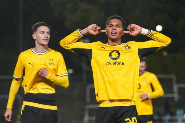 Friday, October 23, 2026; 2026–2027 Season; Matchday 14 of the Regionalliga West at Rote Erde Stadium, Dortmund, Germany; BV Borussia Dortmund U23 vs. Bonner SC; Celebrations after Kevin Mutove s 2–0 goal for BVB