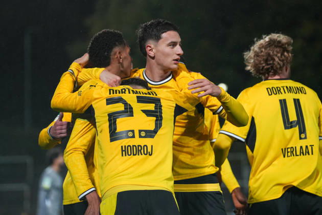 Friday, October 23, 2026 2026–2027 Season, Matchday 14, Regionalliga West at Rote Erde Stadium, Dortmund, Germany BV Borussia Dortmund U23 vs. Bonner SC Celebration after Kevin Mutove s 2–0 goal BVB Luca Reggiani BVB