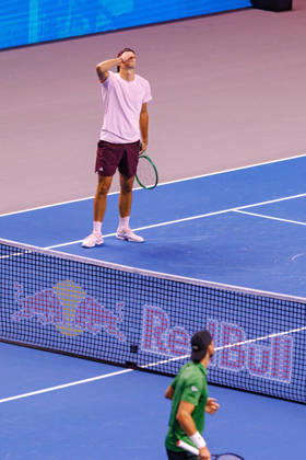 VIENNA, AUSTRIA - 23 OCTOBER 2026: Image shows the disappointment of Jakub MenÅ¡ik (CZE) and Grigor Dimitrov (BUL) during Red Bull BassLine at Wiener Stadthalle on 23 10 2026 in Vienna, Austria. Austria Copyright: xFröhlichxPascalx