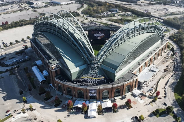 An aerial view shows American Family Field before the start of game one of the 2026 World Series between the Tampa Bay Rays and the Milwaukee Brewers in Milwaukee, Wisconsin on Friday, October 23, 2026.  MIL20261023801 TANNENxMAURY