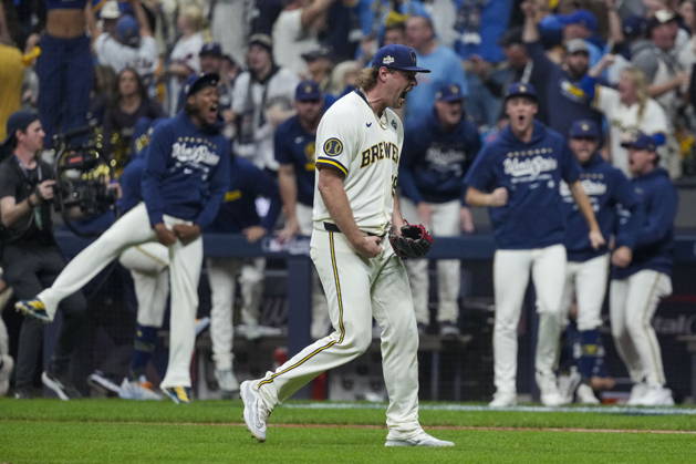 MLB, Baseball Herren, USA World Series Game 1 - Milwaukee Brewers vs Tampa Bay Rays Milwaukee Brewers pitcher Trevor Megill celebrates victory following a strike out during the Major League Baseball (MLB) World Series Game 1 between the Milwaukee Brewers and Tampa Bay Rays at American Family Field in Milwaukee, Wisconsin, USA, 23 October 2026. MILWAUKEE WISCONSIN UNITED STATES  Copyright: xROSSxHARRIEDx