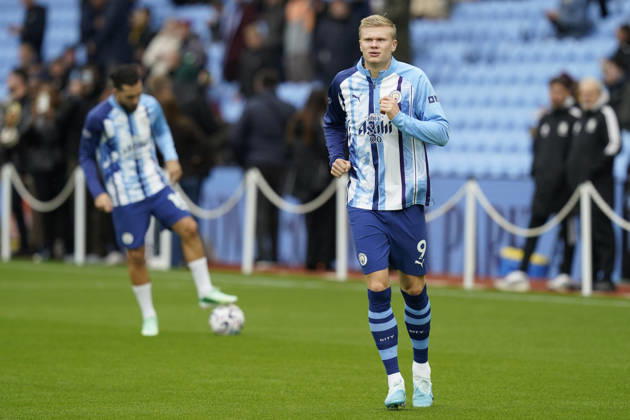 Birmingham, England, 24th October 2026. Erling Haaland of Manchester City warms up before the Aston Villa vs Manchester City Premier League match at Villa Park, Birmingham. Picture credit should read: Andrew Yates Sportimage EDITORIAL USE ONLY. No use with unauthorised audio, video, data, fixture lists, club league logos or live services. Online in-match use limited to 120 images, no video emulation. No use in betting, games or single club league player publications. SPI_008_AY_Villa_Man_City SPI-5099-0008