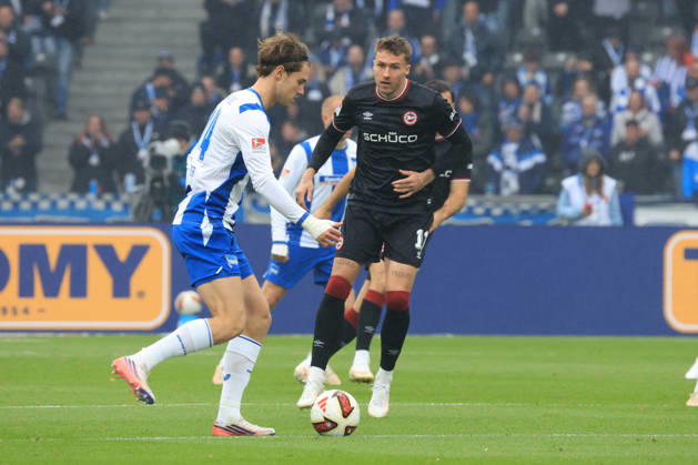 October 24, 2026, Germany, Soccer, 2. Bundesliga, Matchday 9, 2026–2027 Season, Berlin Olympic Stadium, Hertha BSC vs. Arminia Bielefeld Linus Jasper Gechter Hertha BSC Berlin 44, JOEL GRODOWSKI Arminia Bielefeld 11 2. Bundesliga DFB DFL regulations prohibit any use of photographs as image sequences and or quasi-video nordphoto GmbH Engler Berlin Berlin Olympic Stadium Berlin Germany Copyright: xNordphotox xEnglerx