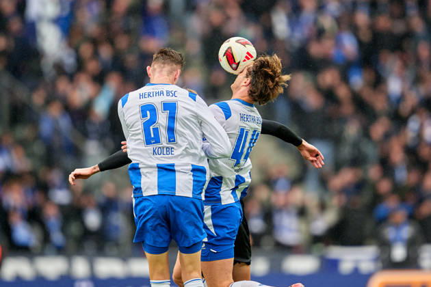 Niklas Kolbe, Hertha BSC, 27, Linus Gechter, Hertha BSC, 44, header, GER, Hertha BSC vs. Arminia Bielefeld, 2. Bundesliga, 2026–27 season, Matchday 9, October 24, 2026 DFL regulations prohibit any use of photographs as image sequences and or quasi-video GER, Hertha BSC vs. Arminia Bielefeld, 2. Bundesliga, 2026–27 season, Matchday 9, October 24, 2026, Berlin Copyright: xClaudiusxRauch,xEibner-Pressefotox xClaudiusxRauchx EP_CRH