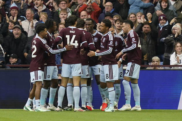 Birmingham, England, 24th October 2026. Nicolas Jackson (C) of Aston Villa celebrates after scoring to make it 1-0 during the Aston Villa vs Manchester City Premier League match at Villa Park, Birmingham. Picture credit should read: Andrew Yates Sportimage EDITORIAL USE ONLY. No use with unauthorised audio, video, data, fixture lists, club league logos or live services. Online in-match use limited to 120 images, no video emulation. No use in betting, games or single club league player publications. SPI_020_AY_Villa_Man_City SPI-5099-0020