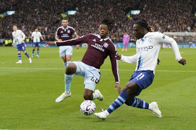 Birmingham, England, 24th October 2026. Jeremy Doku of Manchester City plays the ball past Johan Manzambi of Aston Villa during the Aston Villa vs Manchester City Premier League match at Villa Park, Birmingham. Picture credit should read: Andrew Yates Sportimage EDITORIAL USE ONLY. No use with unauthorised audio, video, data, fixture lists, club league logos or live services. Online in-match use limited to 120 images, no video emulation. No use in betting, games or single club league player publications. SPI_021_AY_Villa_Man_City SPI-5099-0021
