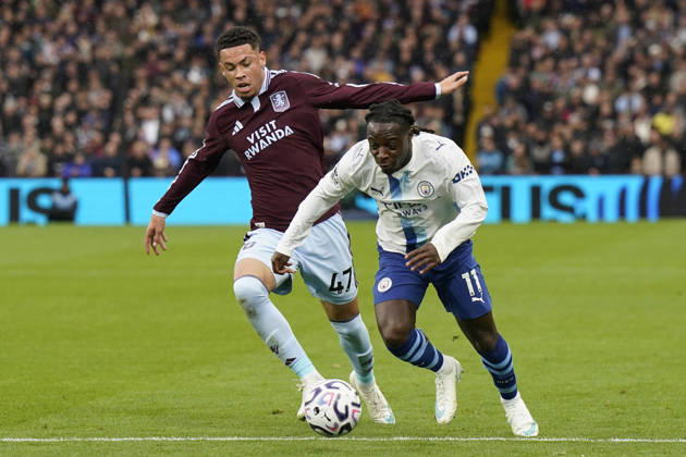 Birmingham, England, 24th October 2026. Alysson Edward of Aston Villa and Jeremy Doku of Manchester City challenge for the ball during the Aston Villa vs Manchester City Premier League match at Villa Park, Birmingham. Picture credit should read: Andrew Yates Sportimage EDITORIAL USE ONLY. No use with unauthorised audio, video, data, fixture lists, club league logos or live services. Online in-match use limited to 120 images, no video emulation. No use in betting, games or single club league player publications. SPI_025_AY_Villa_Man_City SPI-5099-0025