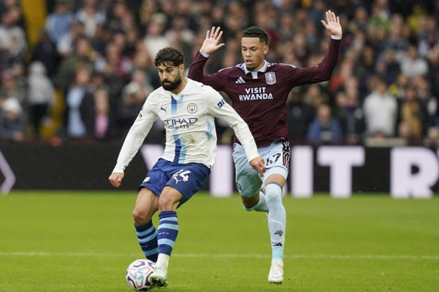 Birmingham, England, 24th October 2026. Josko Gvardiol of Manchester City with the ball under pressure from Alysson Edward of Aston Villa during the Aston Villa vs Manchester City Premier League match at Villa Park, Birmingham. Picture credit should read: Andrew Yates Sportimage EDITORIAL USE ONLY. No use with unauthorised audio, video, data, fixture lists, club league logos or live services. Online in-match use limited to 120 images, no video emulation. No use in betting, games or single club league player publications. SPI_030_AY_Villa_Man_City SPI-5099-0030