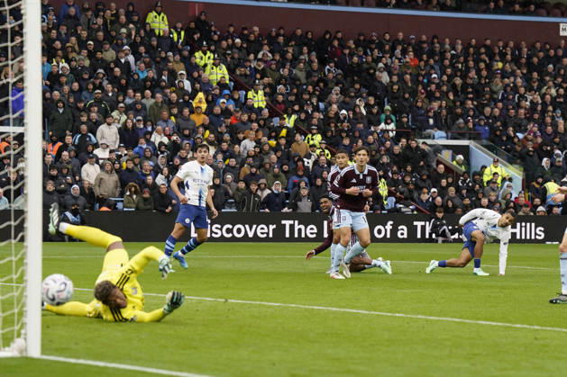 Birmingham, England, 24th October 2026. Iliman Ndiaye of Manchester City has a shot on goal which hits the post during the Aston Villa vs Manchester City Premier League match at Villa Park, Birmingham. Picture credit should read: Andrew Yates Sportimage EDITORIAL USE ONLY. No use with unauthorised audio, video, data, fixture lists, club league logos or live services. Online in-match use limited to 120 images, no video emulation. No use in betting, games or single club league player publications. SPI_031_AY_Villa_Man_City SPI-5099-0031