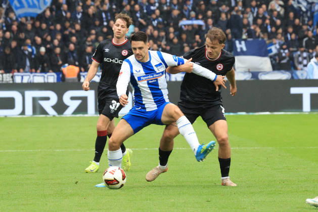 October 24, 2026, Germany, Soccer, 2. Bundesliga, Matchday 9, 2026–2027 Season, Berlin Olympic Stadium, Hertha BSC vs. Arminia Bielefeld, Josip Brekalo (Hertha BSC Berlin 7), Felix Hagmann (Arminia Bielefeld 2). DFB and DFL regulations prohibit any use of photographs as image sequences and or quasi-video. nordphoto GmbH, Engler, Berlin, Berlin Olympic Stadium, Berlin, Germany Copyright: xNordphotox xEnglerx
