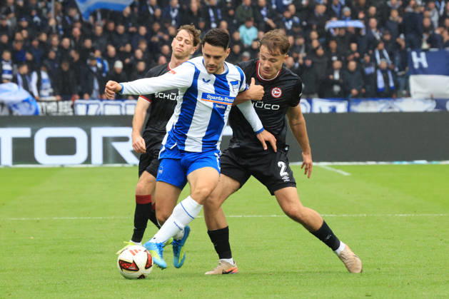 October 24, 2026, Germany, Soccer, 2. Bundesliga, Matchday 9, 2026–2027 Season, Berlin Olympic Stadium, Hertha BSC vs. Arminia Bielefeld, Josip Brekalo (Hertha BSC Berlin 7), Felix Hagmann (Arminia Bielefeld 2). DFB and DFL regulations prohibit any use of photographs as image sequences and or quasi-video. nordphoto GmbH, Engler, Berlin, Berlin Olympic Stadium, Berlin, Germany Copyright: xNordphotox xEnglerx