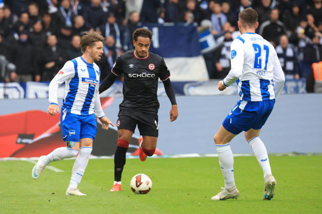 October 24, 2026, Germany, Soccer, Bundesliga 2, Matchday 9, 2026–2027 Season, Berlin Olympic Stadium, Hertha BSC vs. Arminia Bielefeld, Mads Pedersen, Hertha BSC Berlin 22, Niklas Kolbe, Hertha BSC Berlin 27, Monju Momuluh, Arminia Bielefeld 14. 2. Bundesliga. DFB and DFL regulations prohibit any use of photographs as image sequences and or quasi-video. nordphoto GmbH, Engler, Berlin, Berlin Olympic Stadium, Berlin, Germany Copyright: xNordphotox xEnglerx